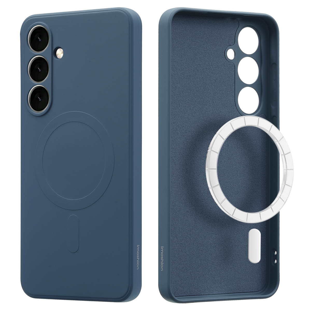 Coque de téléphone bleue, un côté avec découpes caméra et anneau, l'autre montre l'arrière.