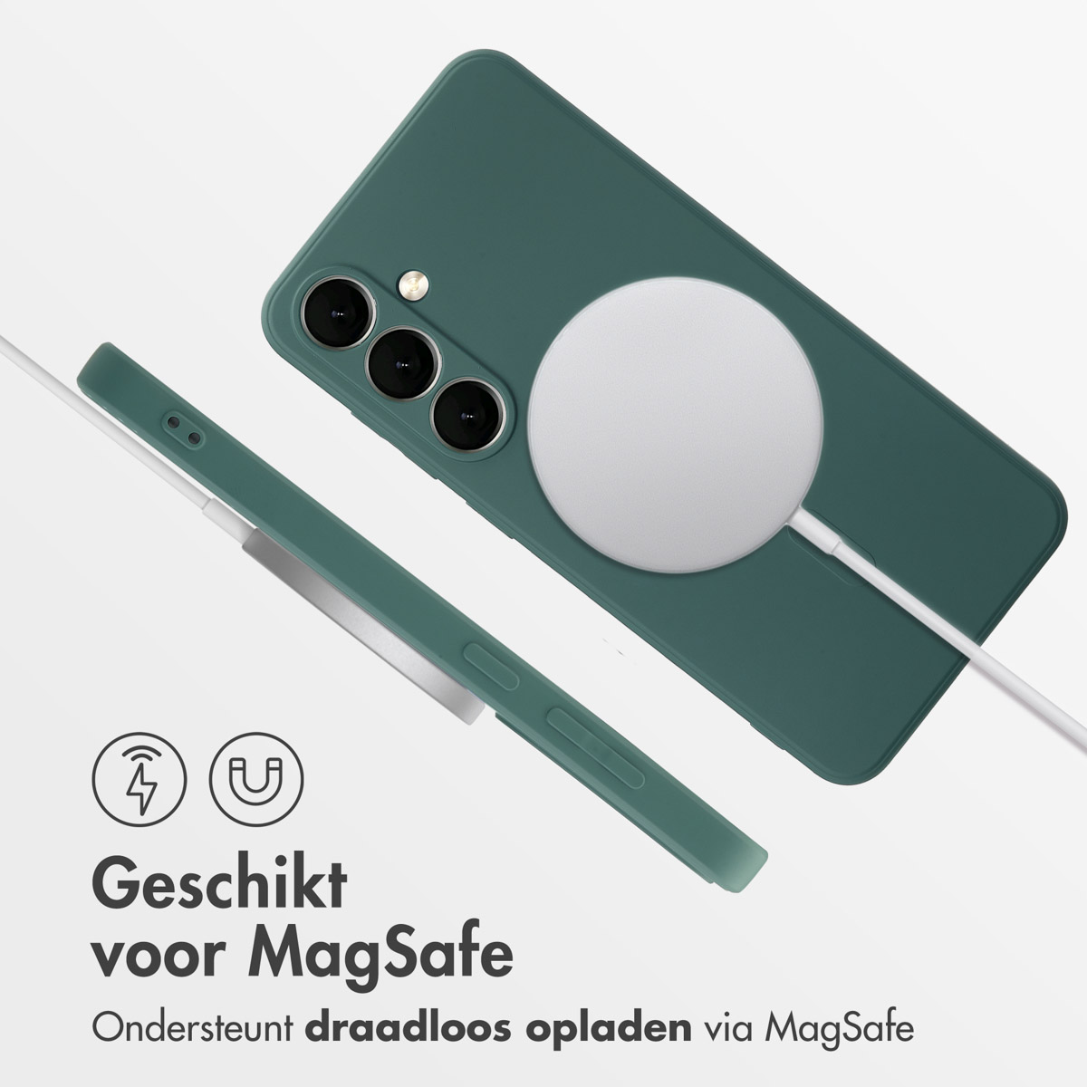 Un étui de téléphone vert avec un chargeur MagSafe blanc attaché. Le téléphone est posé à côté de l'étui, avec un câble blanc.