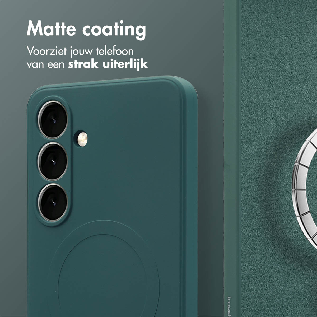 Coque de téléphone verte avec trois objectifs. Le revêtement mat offre un look élégant.