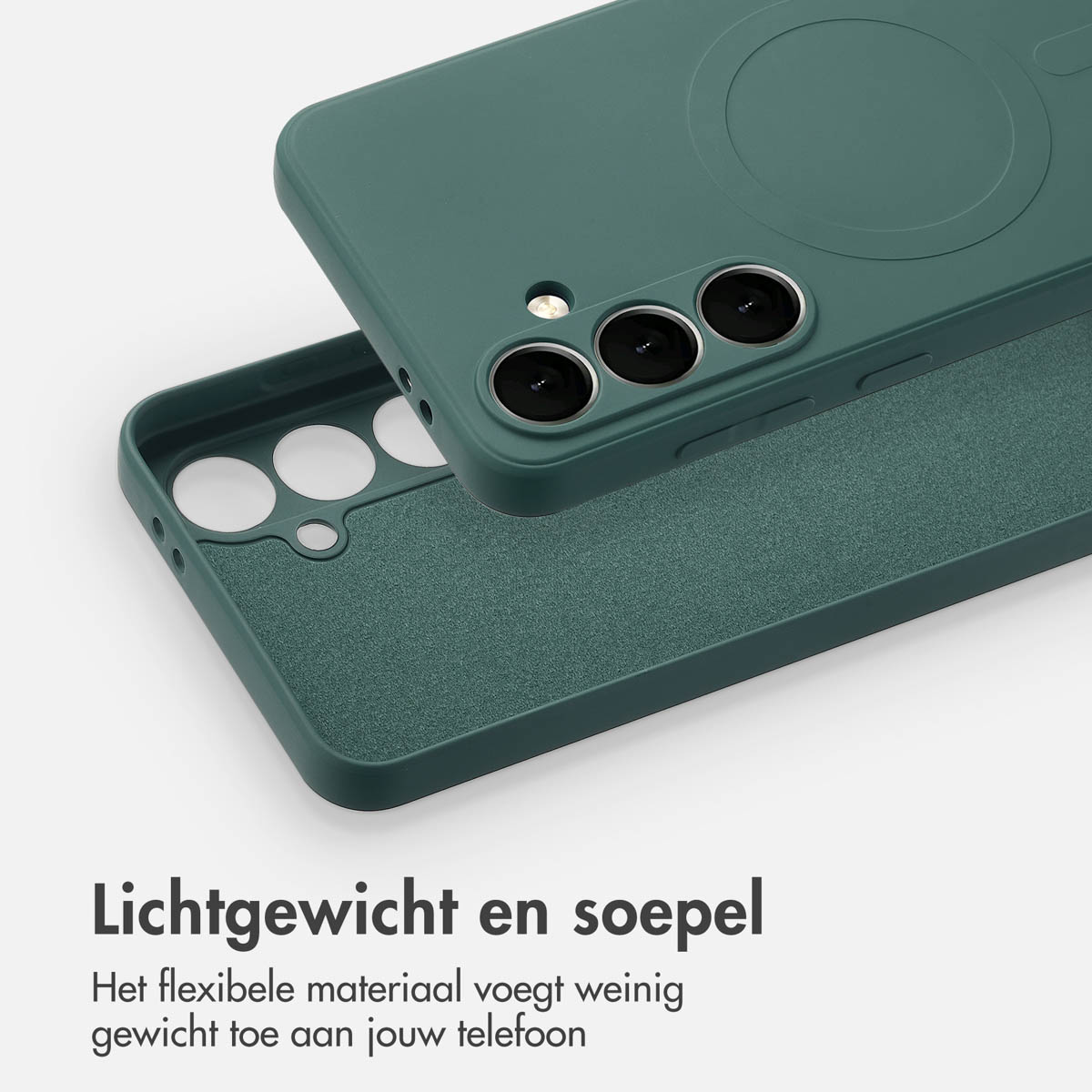 Deux coques de téléphone vertes. L'une est ouverte, montrant l'intérieur. Texte : léger et doux.
