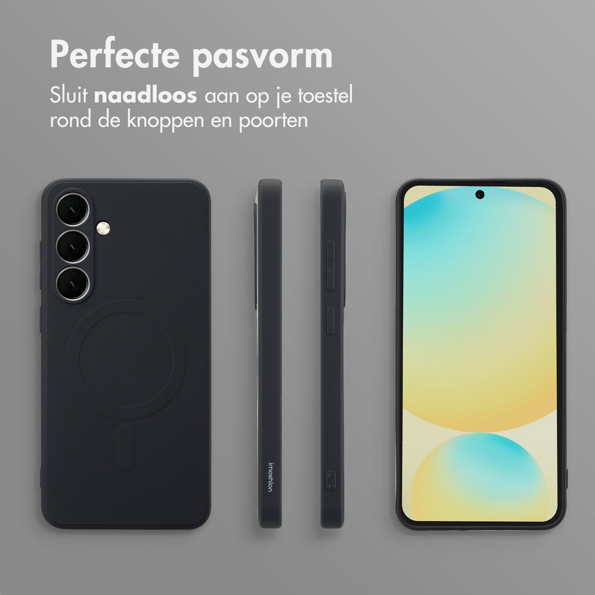 Een zwarte telefoonhoes met drie weergaven: voorkant, zijkant en bovenkant. Tekst zegt "Perfect Fit" en "instandon".