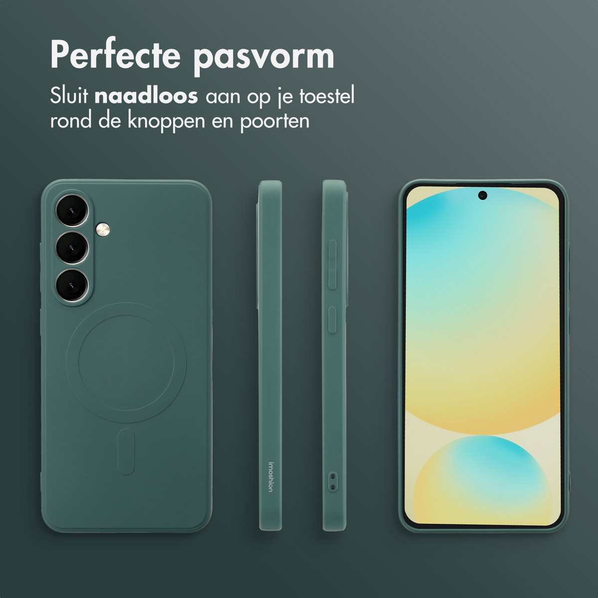 Trois étuis de téléphone, un à gauche, deux autres sur le côté, couleur vert foncé.