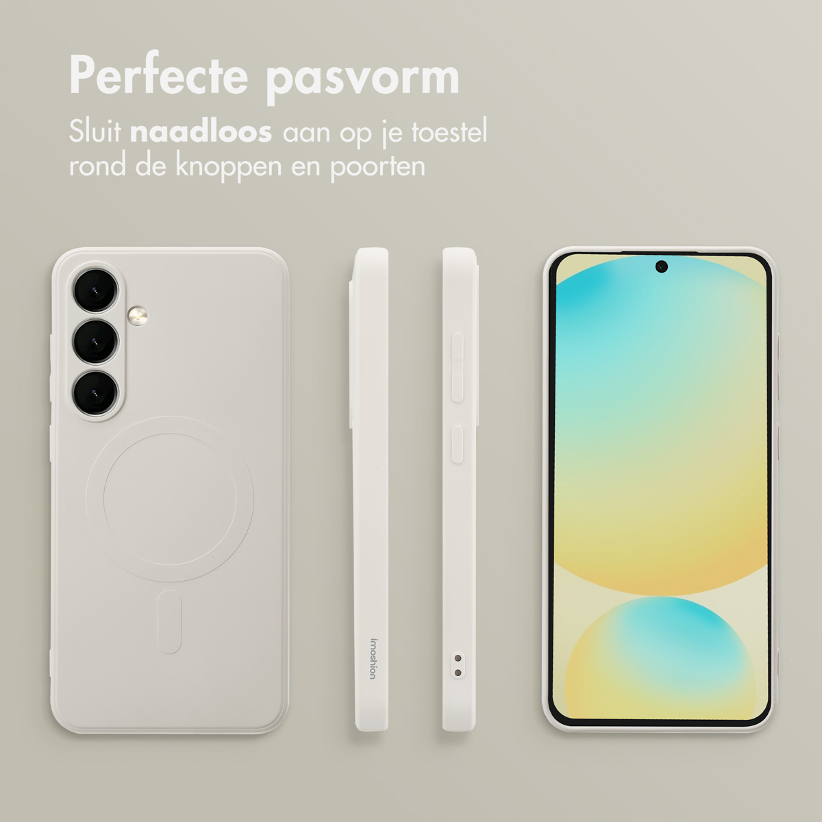 Une coque de téléphone blanche avec un design circulaire et trois vues de la coque du téléphone.
