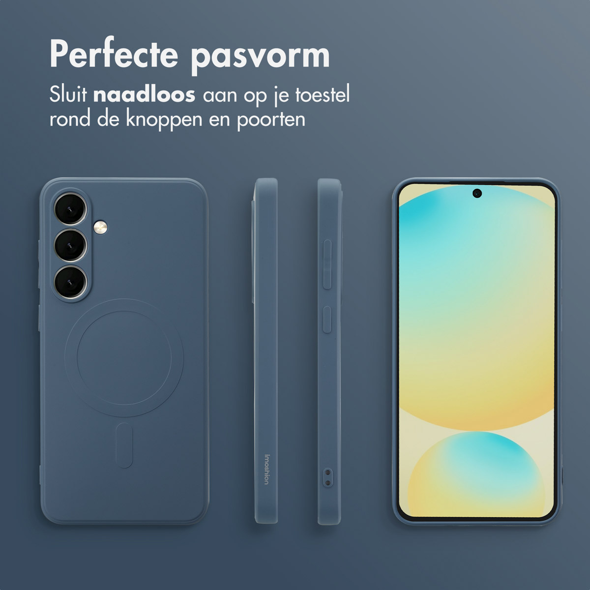 Trois vues d'une coque de téléphone bleue : arrière, côté et avant, présentant le design du téléphone.