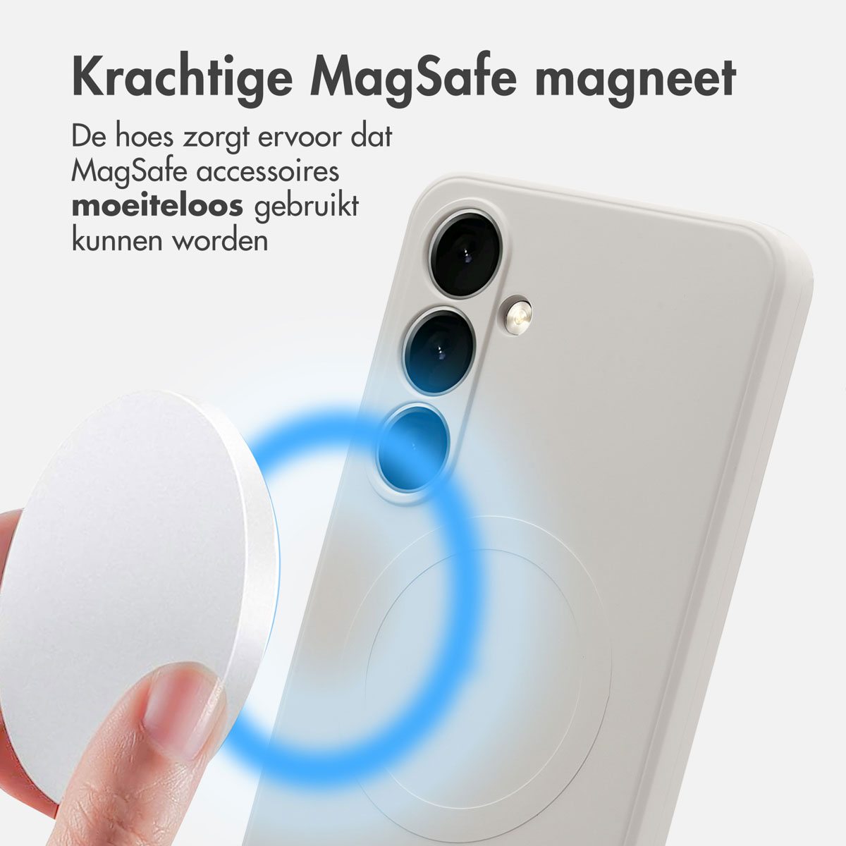 Un téléphone blanc avec un cercle et du texte, un aimant MagSafe, sur un fond.