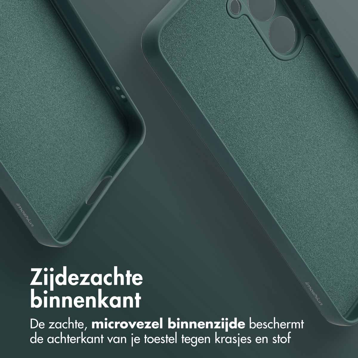 Deux pièces d'étui de téléphone vert, montrant la surface intérieure. Le texte dit 'côté intérieur doux'.