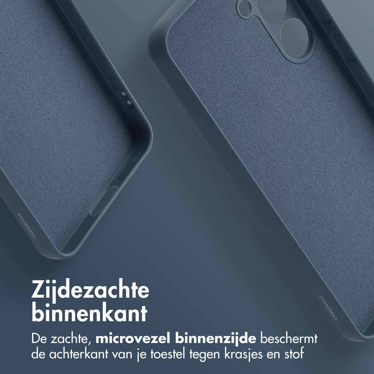 Deux étuis de téléphone bleu foncé. L'un montre l'intérieur, le texte est en néerlandais. L'étui est texturé.