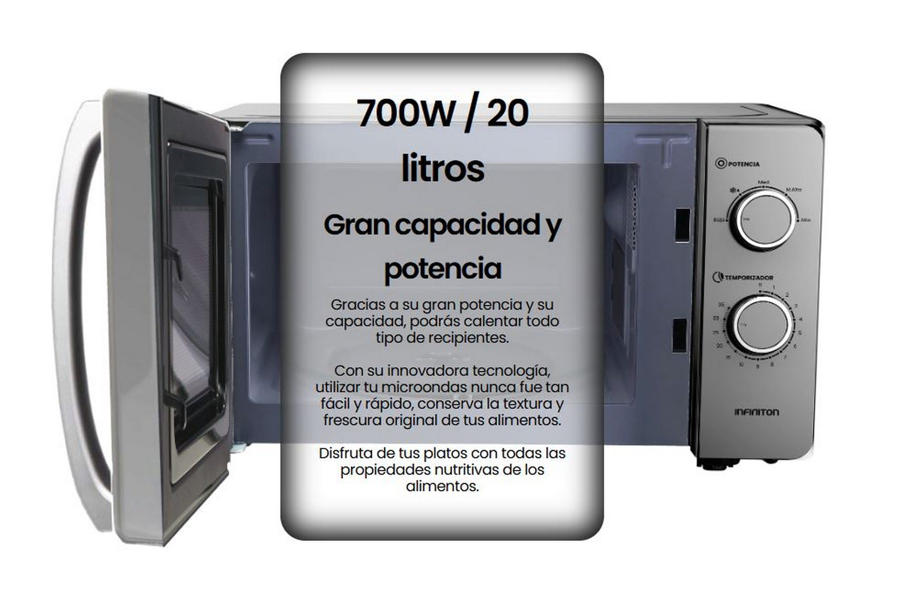 Un forno a microonde con la porta aperta e testo sul vetro.