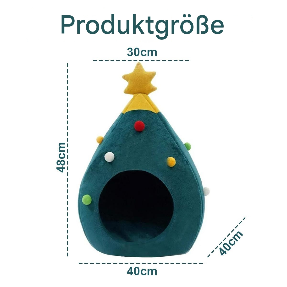 Ein türkisblaues Katzenhaus in Form eines Weihnachtsbaums, mit Maßen und einem gelben Stern an der Spitze.