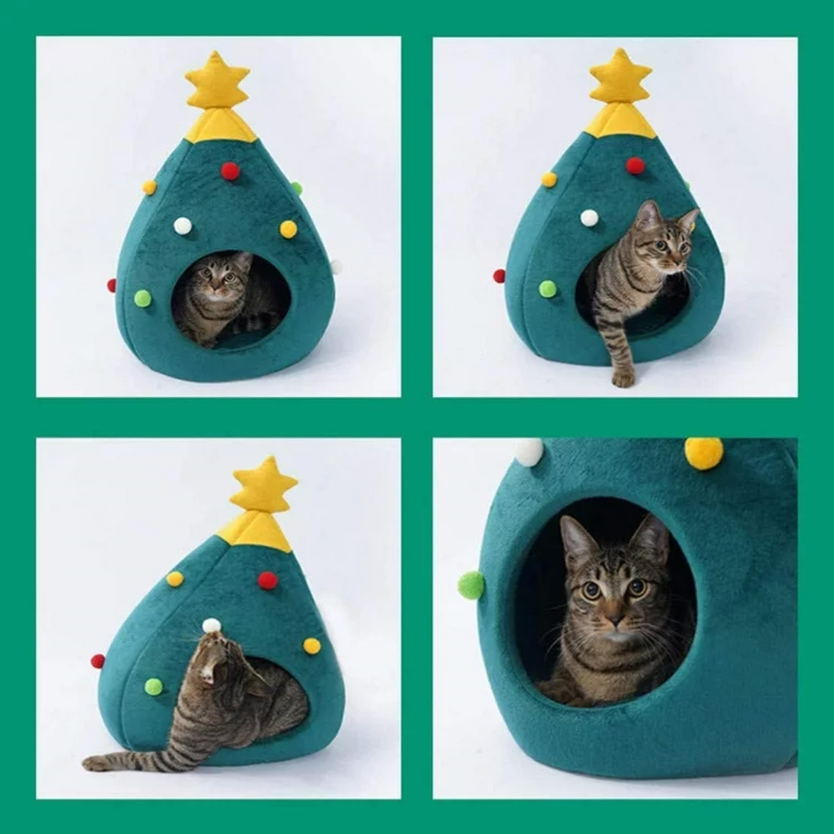 Katze in einem teal Weihnachtsbaum-Katzenbett. Es hat einen gelben Stern, rote und weiße Kugeldekorationen. Vier Bilder.