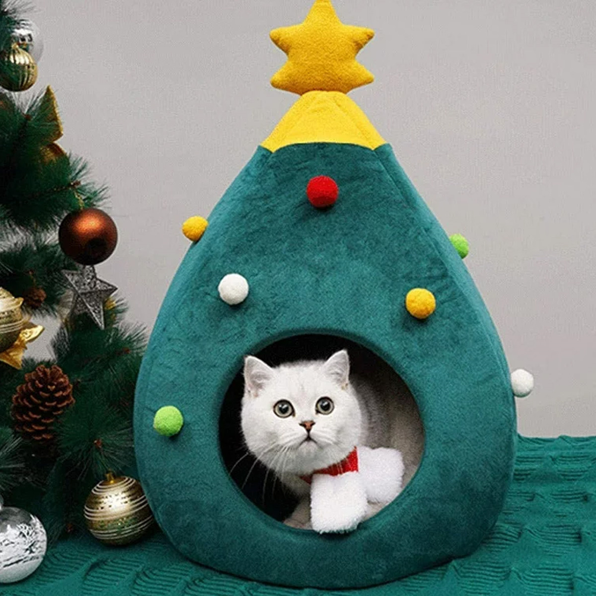 Eine weiße Katze befindet sich in einem weihnachtsbaumförmigen Katzenhaus. Der Baum hat Sterne und Kugeln.