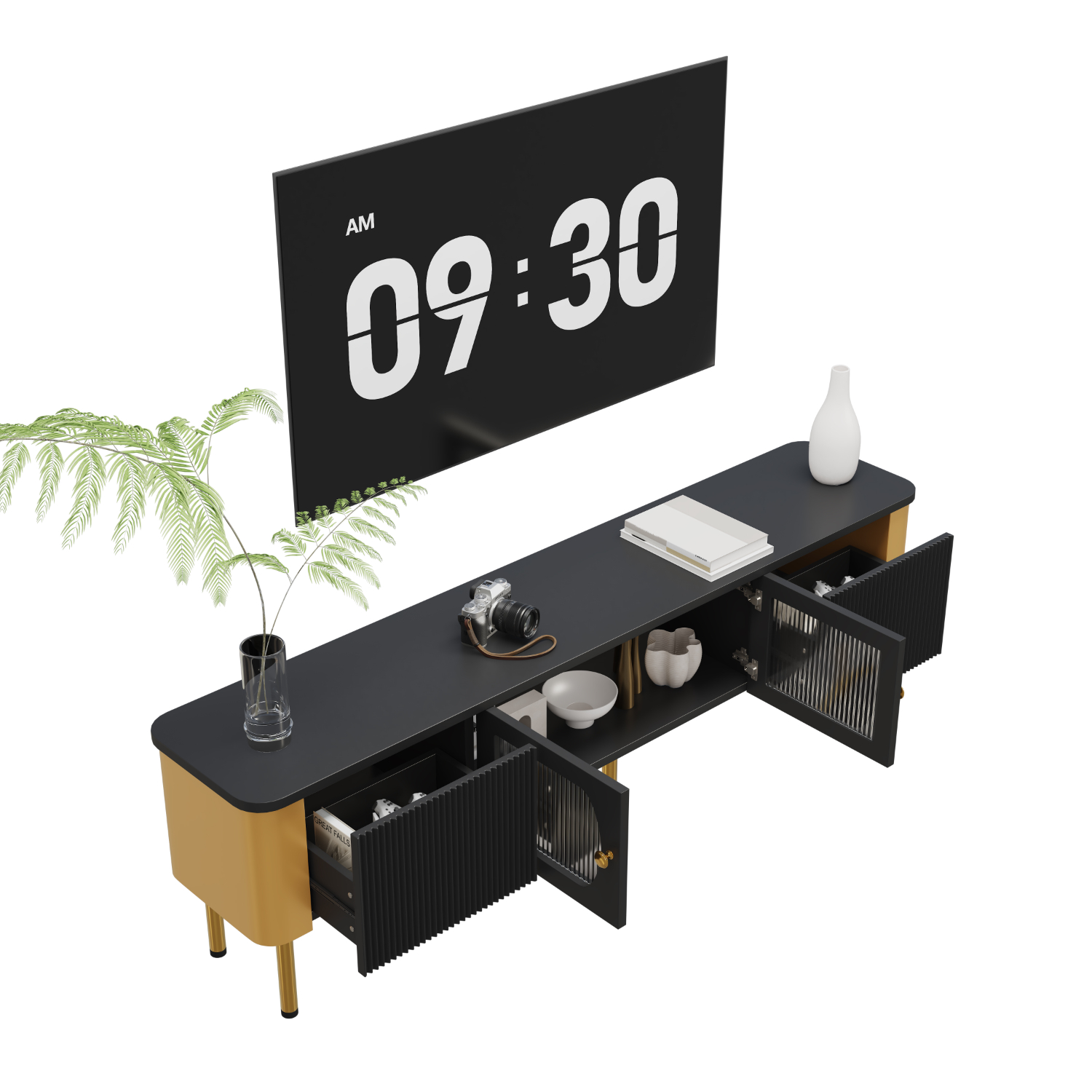 Moderner schwarz-goldener TV-Ständer mit offenem Stauraum und einer Uhr an der Wand, weißer Hintergrund.