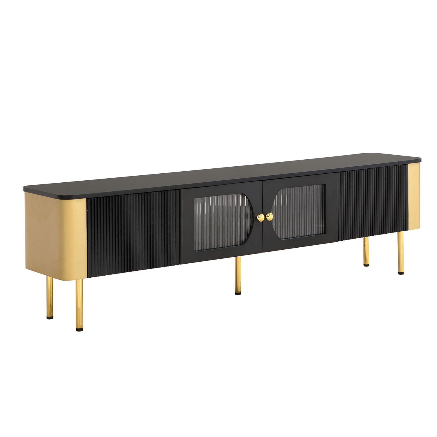 Ein langer schwarzer und goldener Schrank mit geriffelten Türen und einer Glasscheibe. Es ist ein modernes Design.