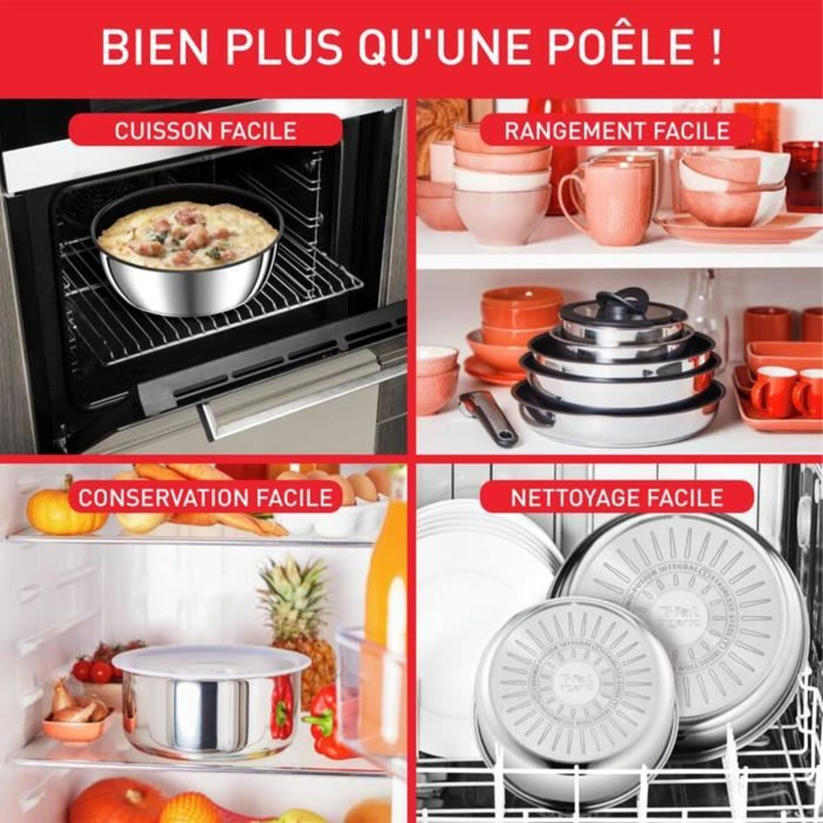 Vier Bilder zeigen Kochen und Lebensmittellagerung. Enthält Essen in einem Ofen, Kühlschrank und Geschirrspüler.