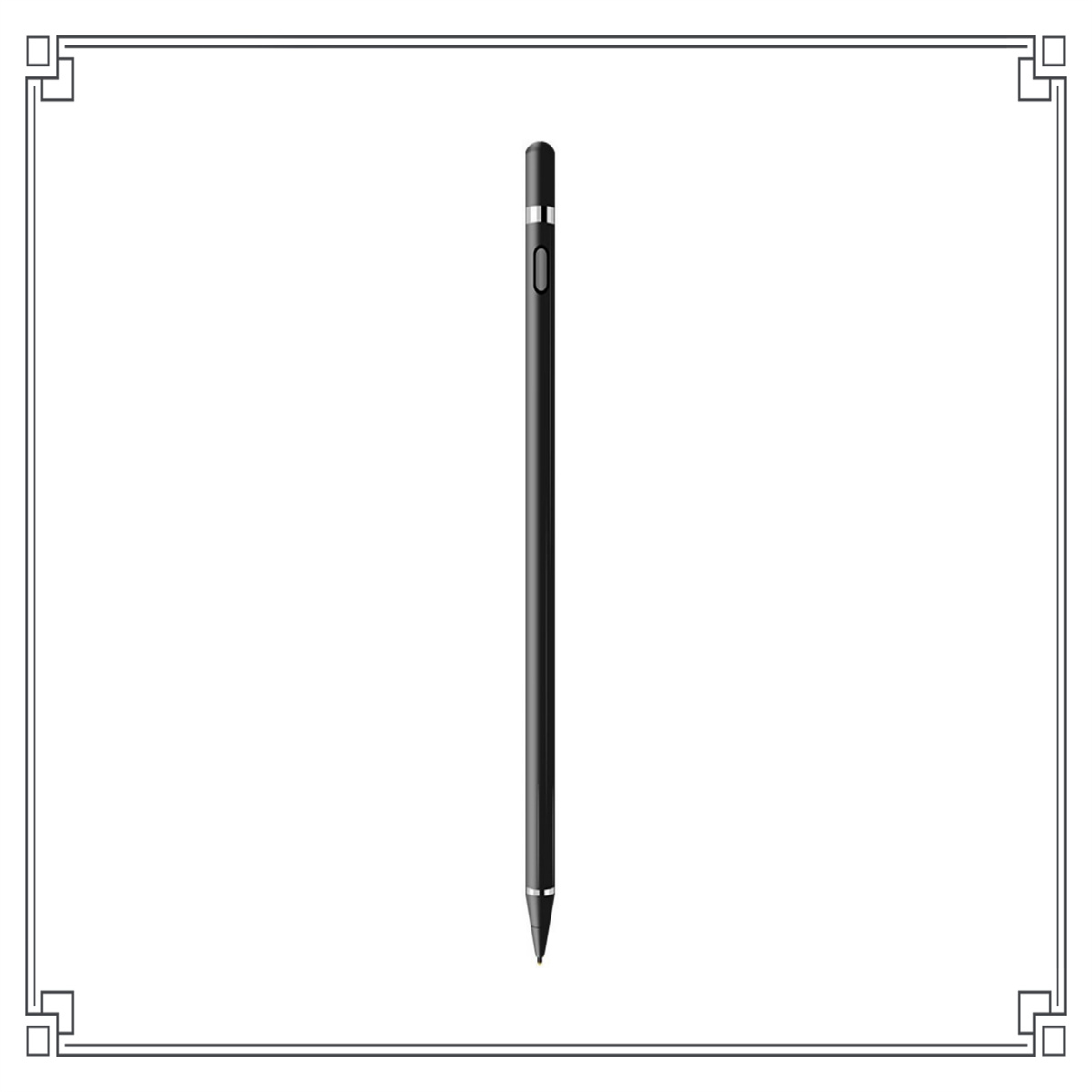 Ein schwarzer Eingabestift auf weißem Hintergrund, umrahmt von einem dekorativen Rahmen.