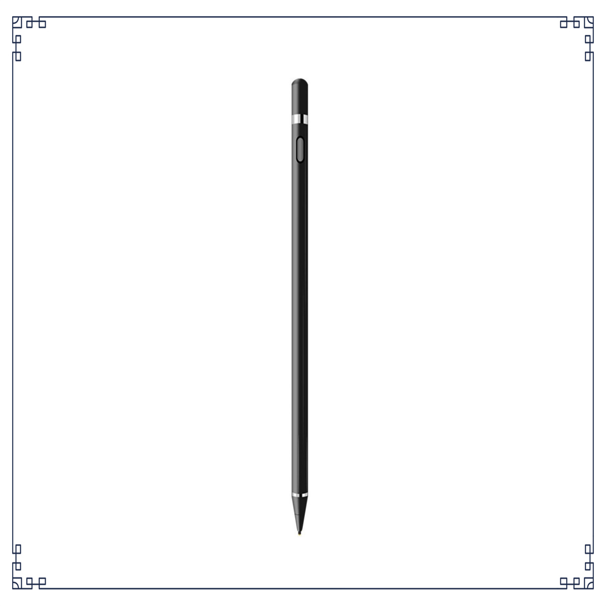 Schwarzer Stift auf weißem Hintergrund mit dekorativem blauen Rand.