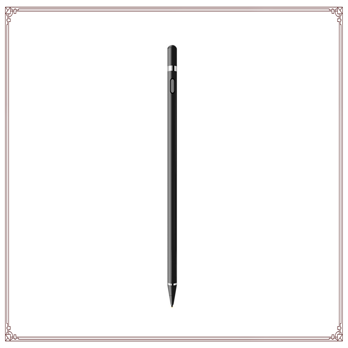 Schwarzer Stift auf Weiß mit verziertem Rahmen.