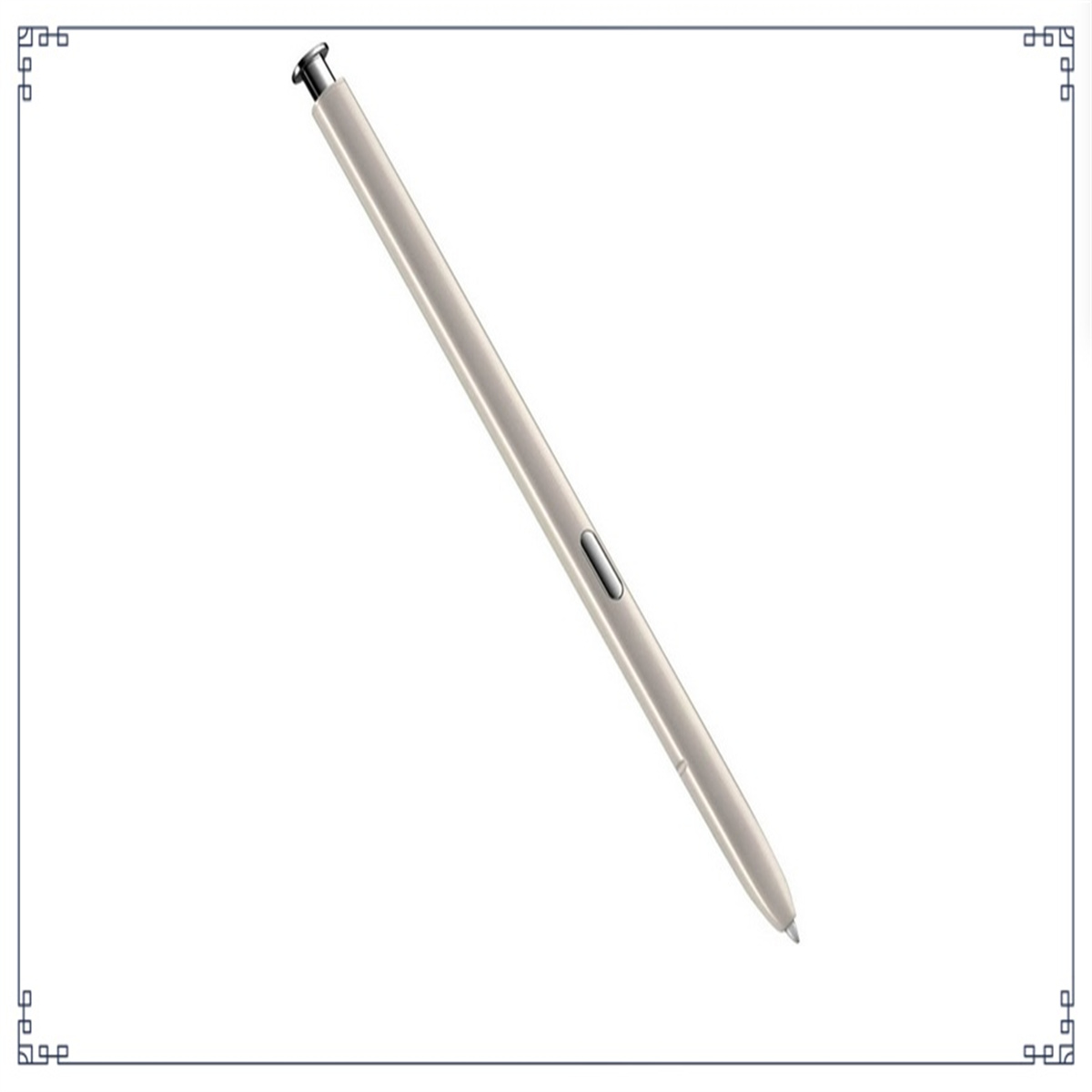 Ein silberner Eingabestift auf einer weißen Oberfläche mit blau-weißem Rahmen.