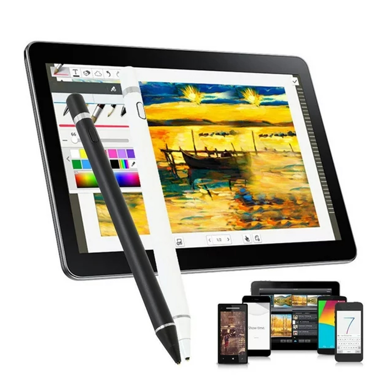 Tablet mit zwei Stiften. Ein kleineres Tablet und Telefone sind im Hintergrund, mit einem farbenfrohen Design.
