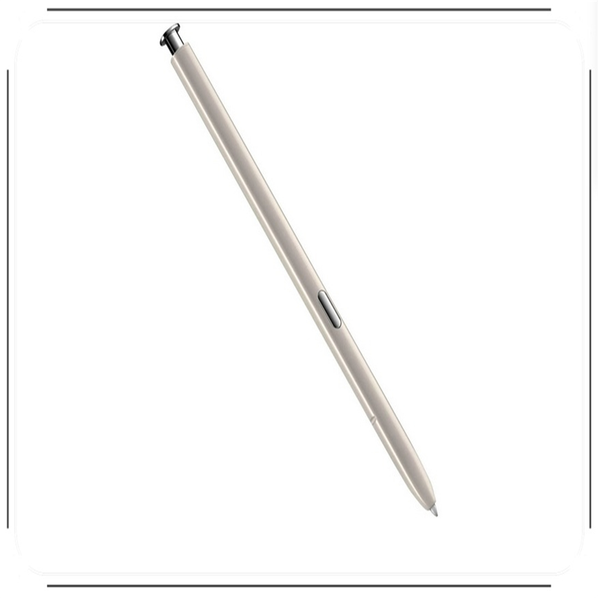 Ein hellgrauer Stift auf weißem Hintergrund. Er ist angewinkelt und hat eine silberne Spitze und einen Knopf.