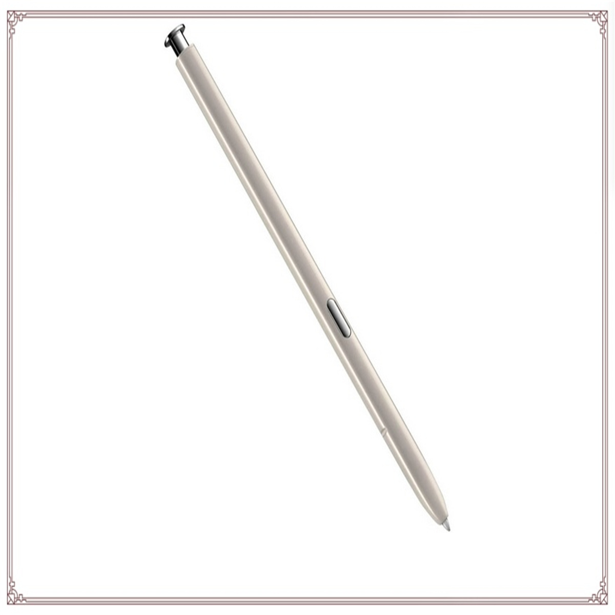 Ein beiger Stift mit metallisch-silberner Spitze. Er befindet sich auf weißem Hintergrund mit dekorativem Rahmen.