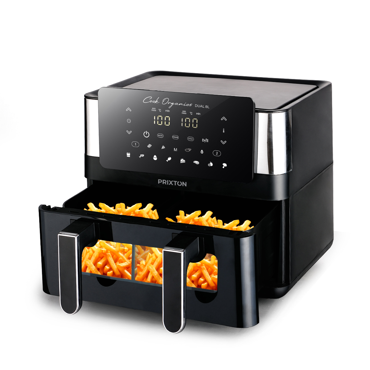 Czarna frytkownica beztłuszczowa z dwiema szufladami wypełnionymi frytkami, z cyfrowym wyświetlaczem i panelem sterowania na górze.
