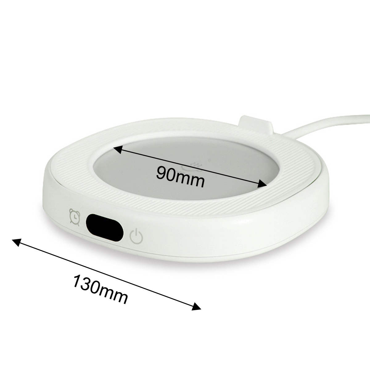 Ein weißer Tassenwärmer mit Ein-/Aus- und Timer-Taste. Abmessungen: 130 mm x 90 mm.