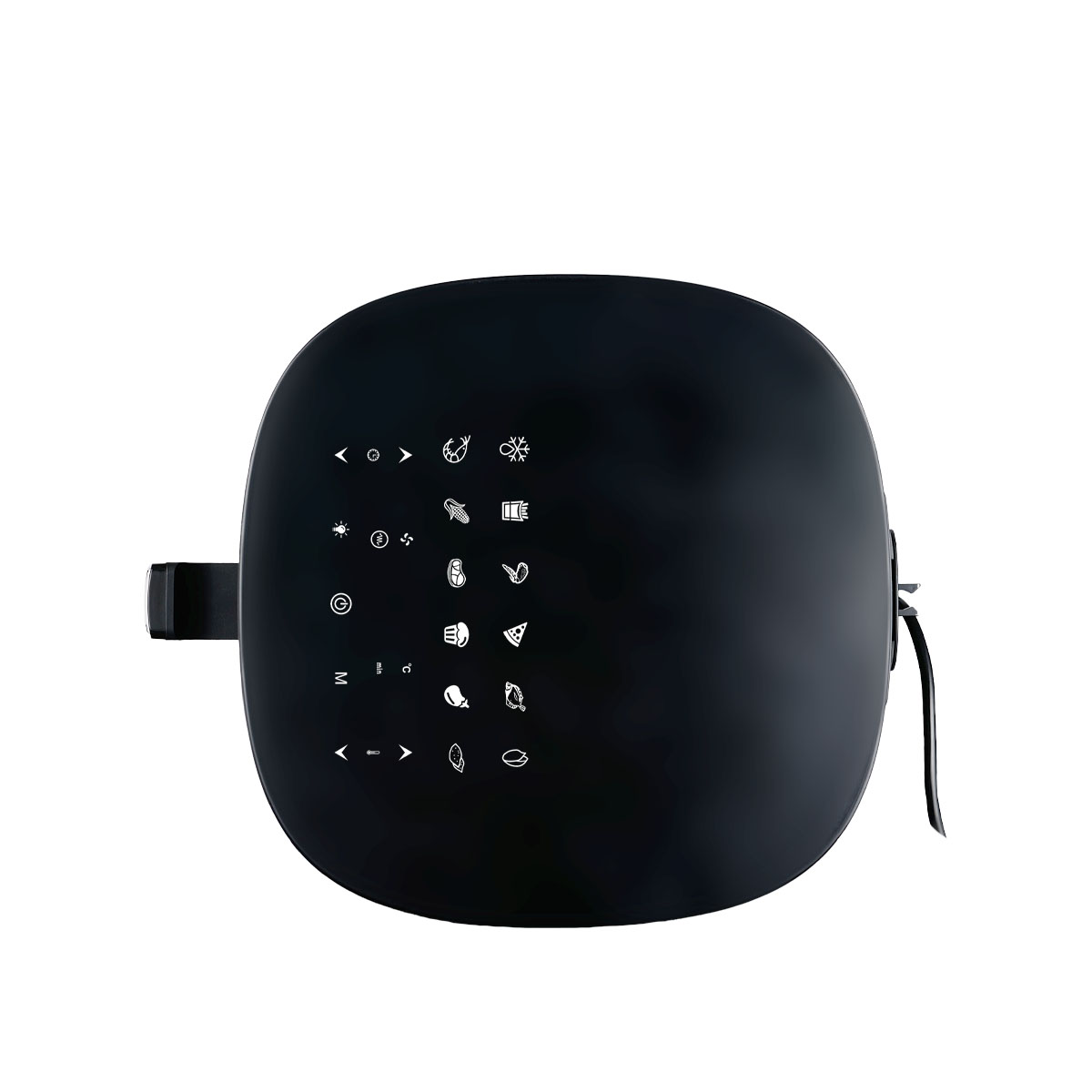 Czarny panel sterowania frytkownicy beztłuszczowej z białymi ikonami. Po prawej stronie znajduje się czarny uchwyt.