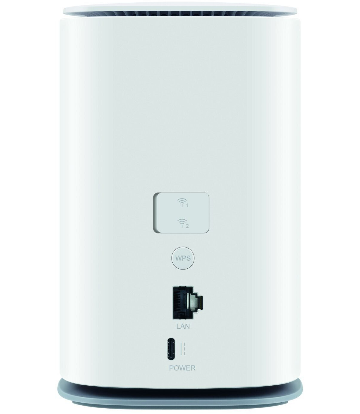 Ein weißer, zylindrischer Router mit Knöpfen und Anschlüssen auf der Rückseite.