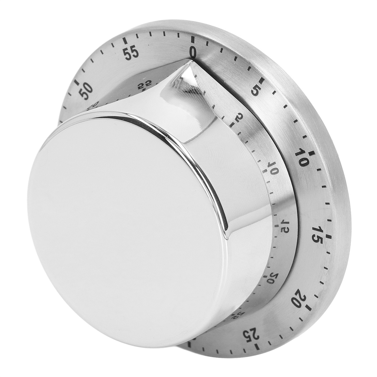 Silberner Küchentimer mit Chrom-Zifferblatt. Der Timer ist rund mit Zahlen und einem Knopf.