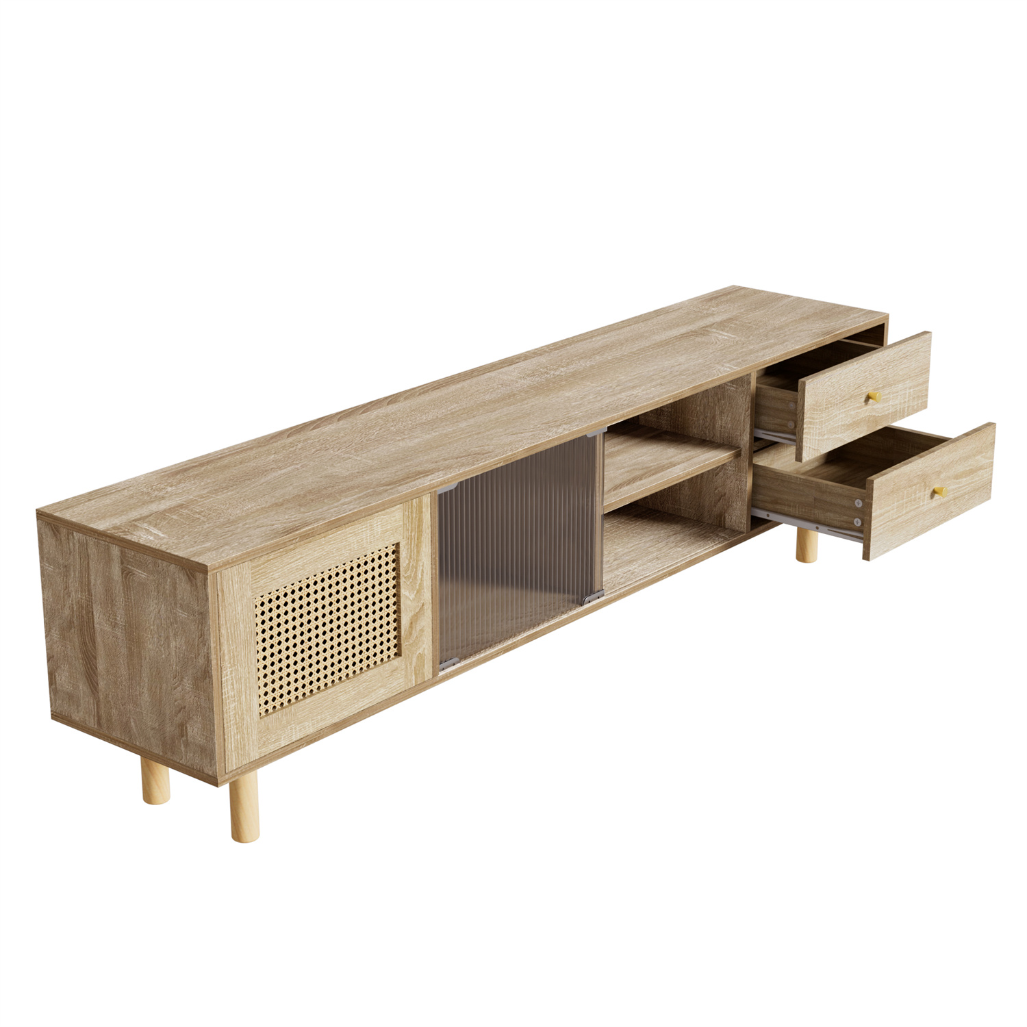 Ein Holzschrank mit offenen Schubladen und einer Schiebetür.
