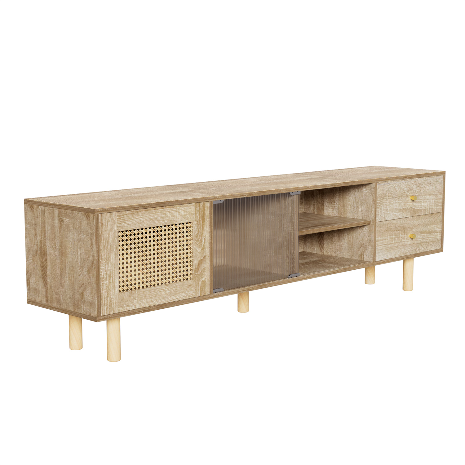 Holzschrank mit Glastür und Schubladen. Er hat ein Flechtmuster an der Seite.
