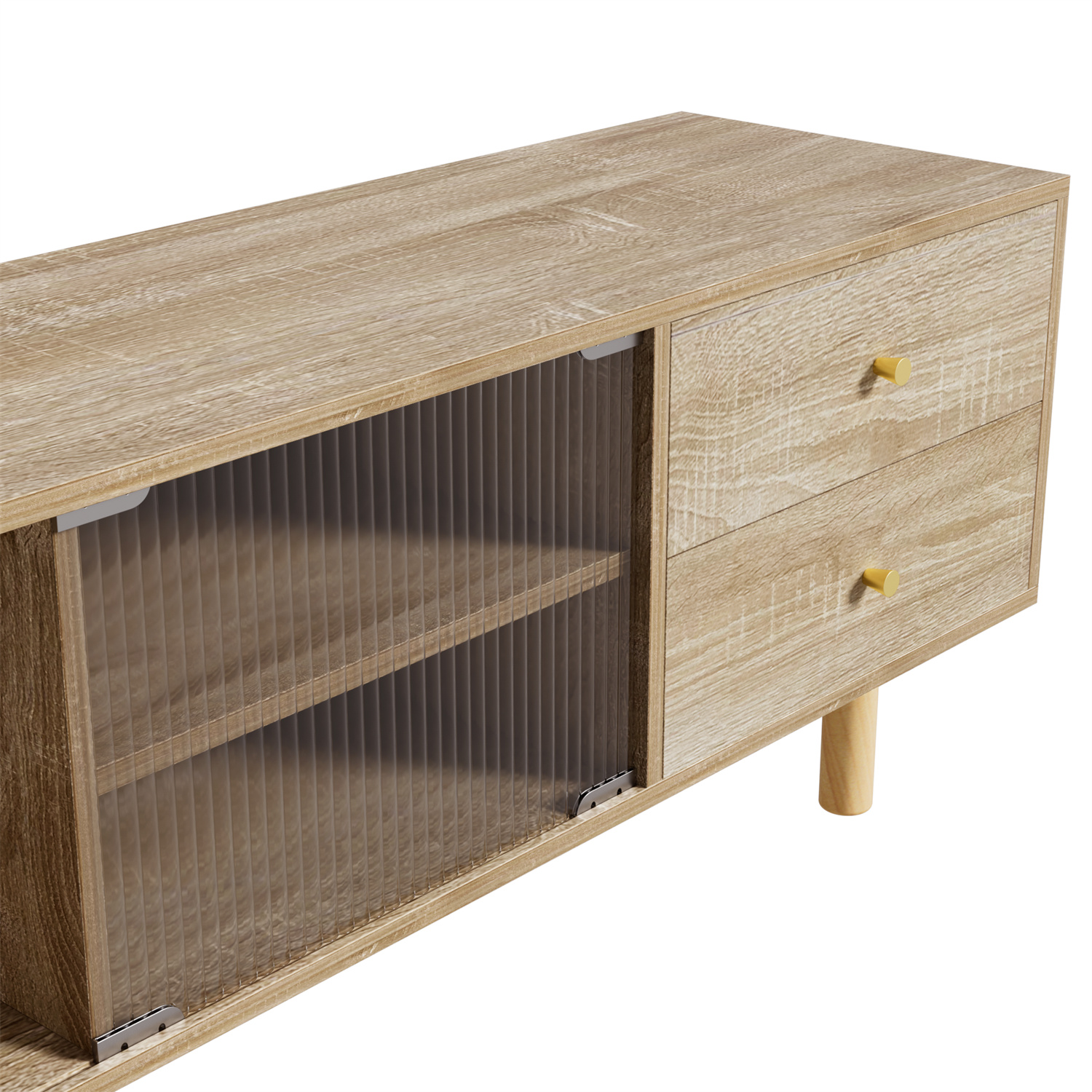Ein Holzschrank mit Glastür, der Regale, Schubladen und ein Holzbein zeigt.