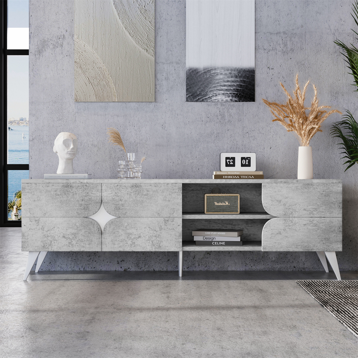 Modernes Wohnzimmer mit grauem Schrank, Kunstwerken und Dekorationsartikeln.