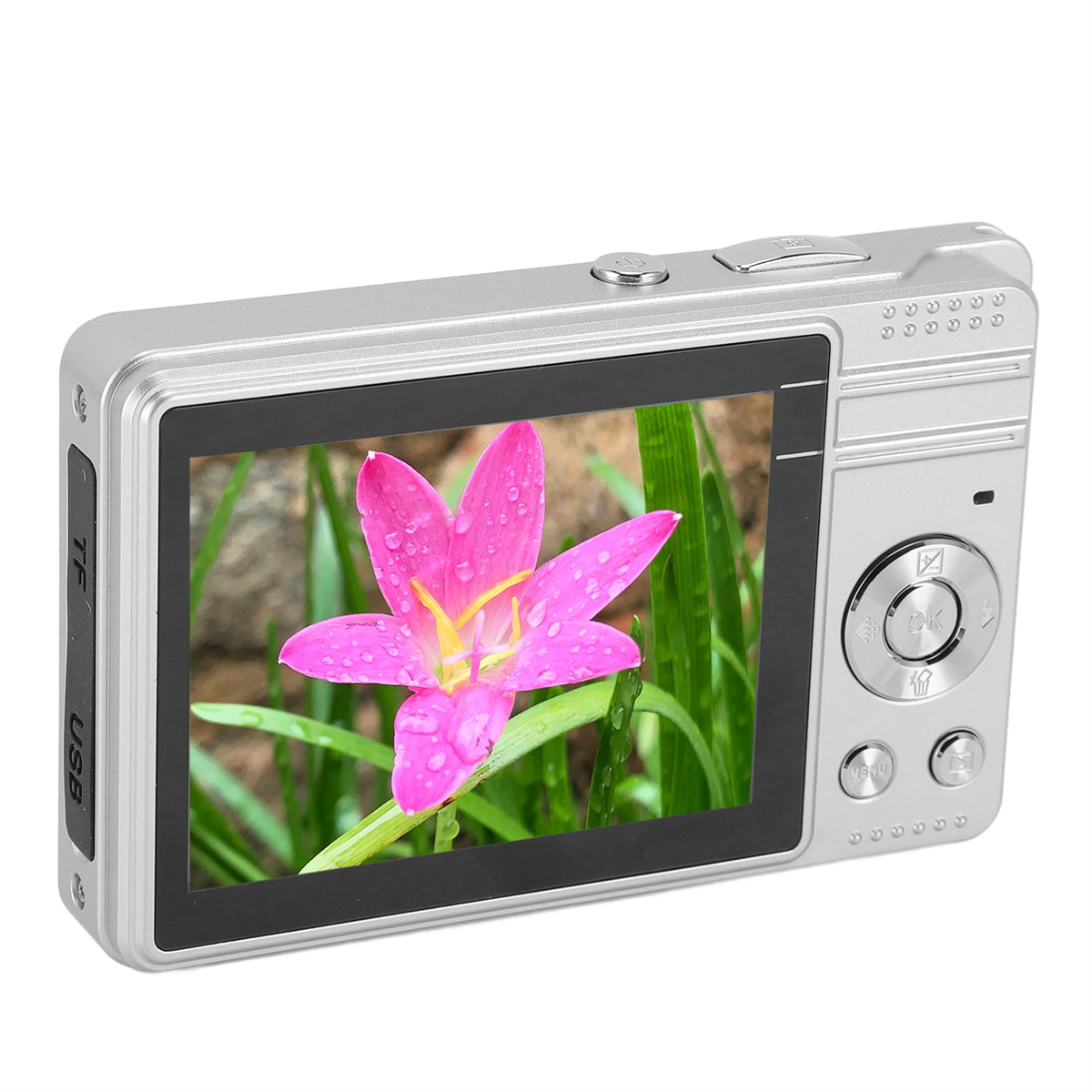 Eine silberne Digitalkamera, die eine Nahaufnahme einer rosa Blume mit Wassertropfen auf dem Bildschirm zeigt.