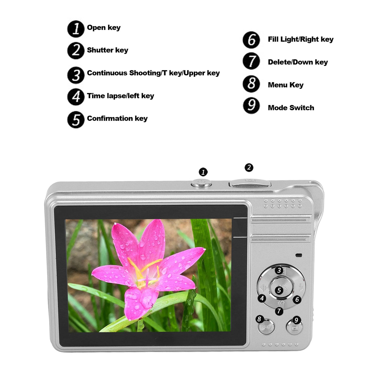 Silberne Digitalkamera mit nummerierten Tasten und einem Bildschirm, der eine rosa Blume zeigt.
