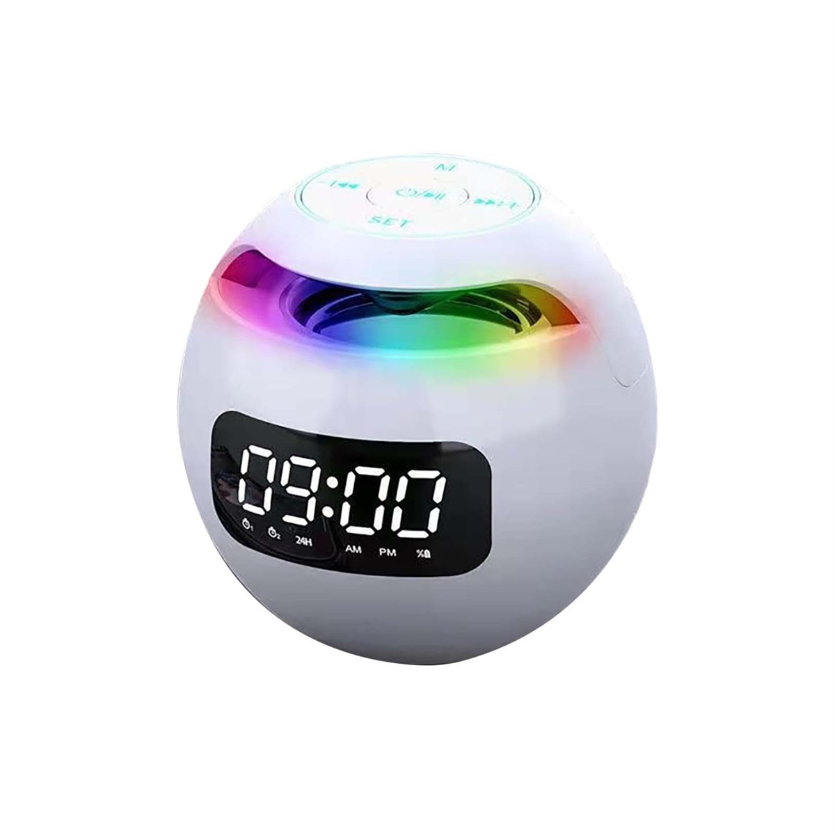 Weißer, kugelförmiger Lautsprecher mit Regenbogenlichtern. Schwarzer Hintergrund.