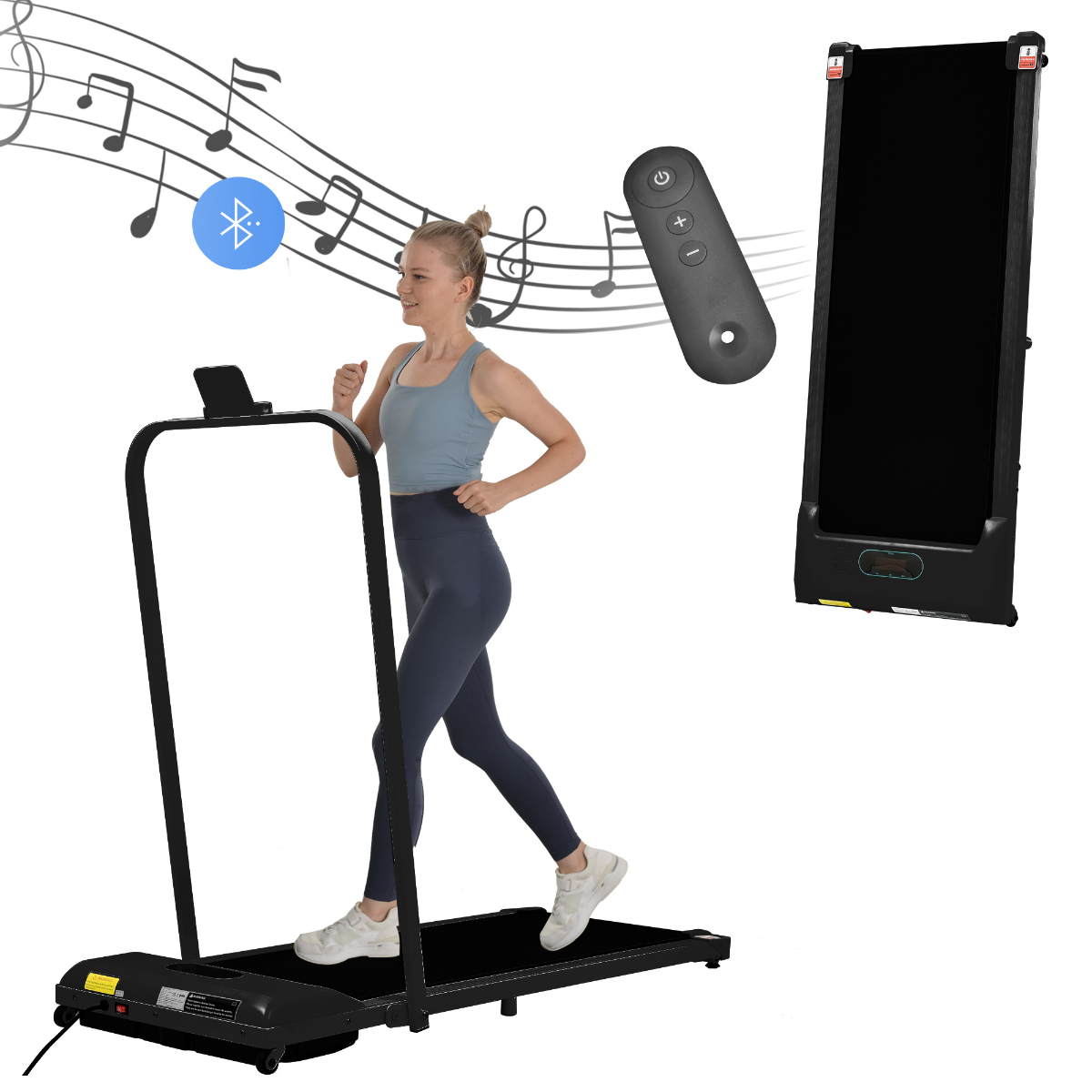 Frau, die auf einem Laufband läuft. Eine Fernbedienung, Noten und ein Laufband sind abgebildet.