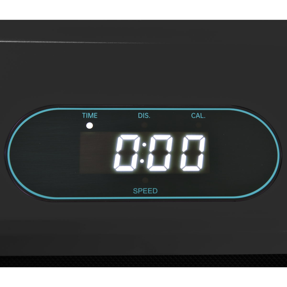 Schwarzes Laufbanddisplay zeigt '0:00' für Zeit, Distanz und Kalorien an. Displays zeigen auch 'Geschwindigkeit'.