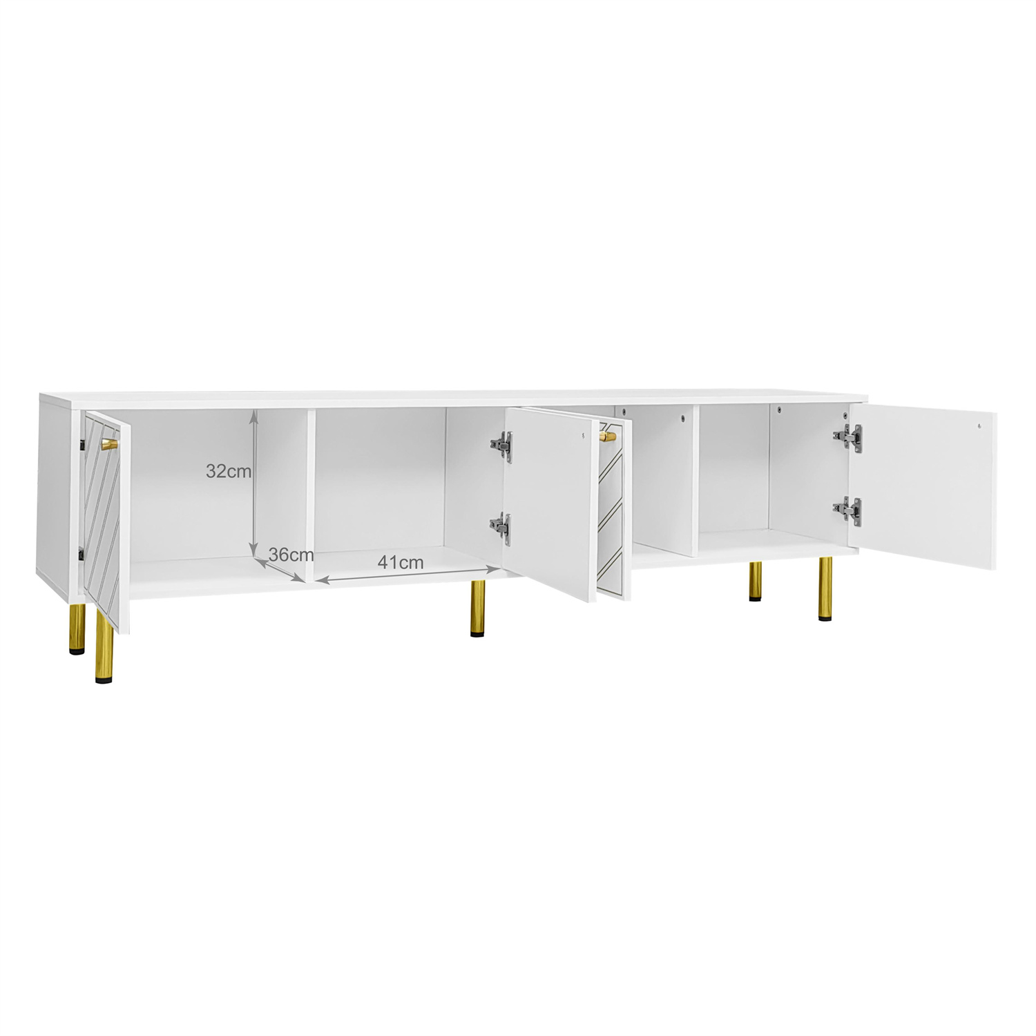 Weißer Schrank mit goldenen Beinen und offenen Türen, die Fächer zeigen. Abmessungen sind sichtbar.