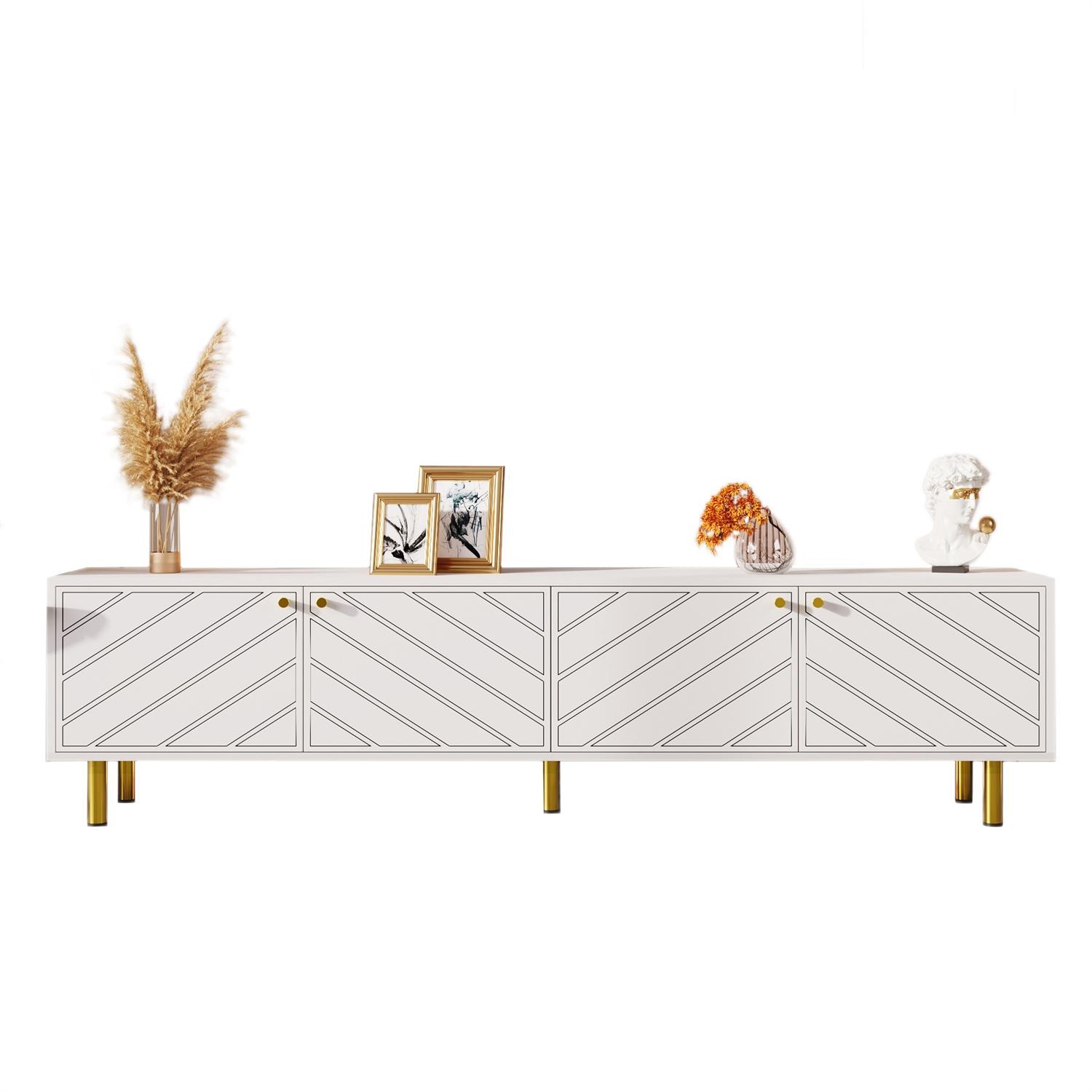 Ein weißer Schrank mit goldenen Beinen und Beschlägen. Dekorationen wie Blumen und Kunst sind oben drauf.