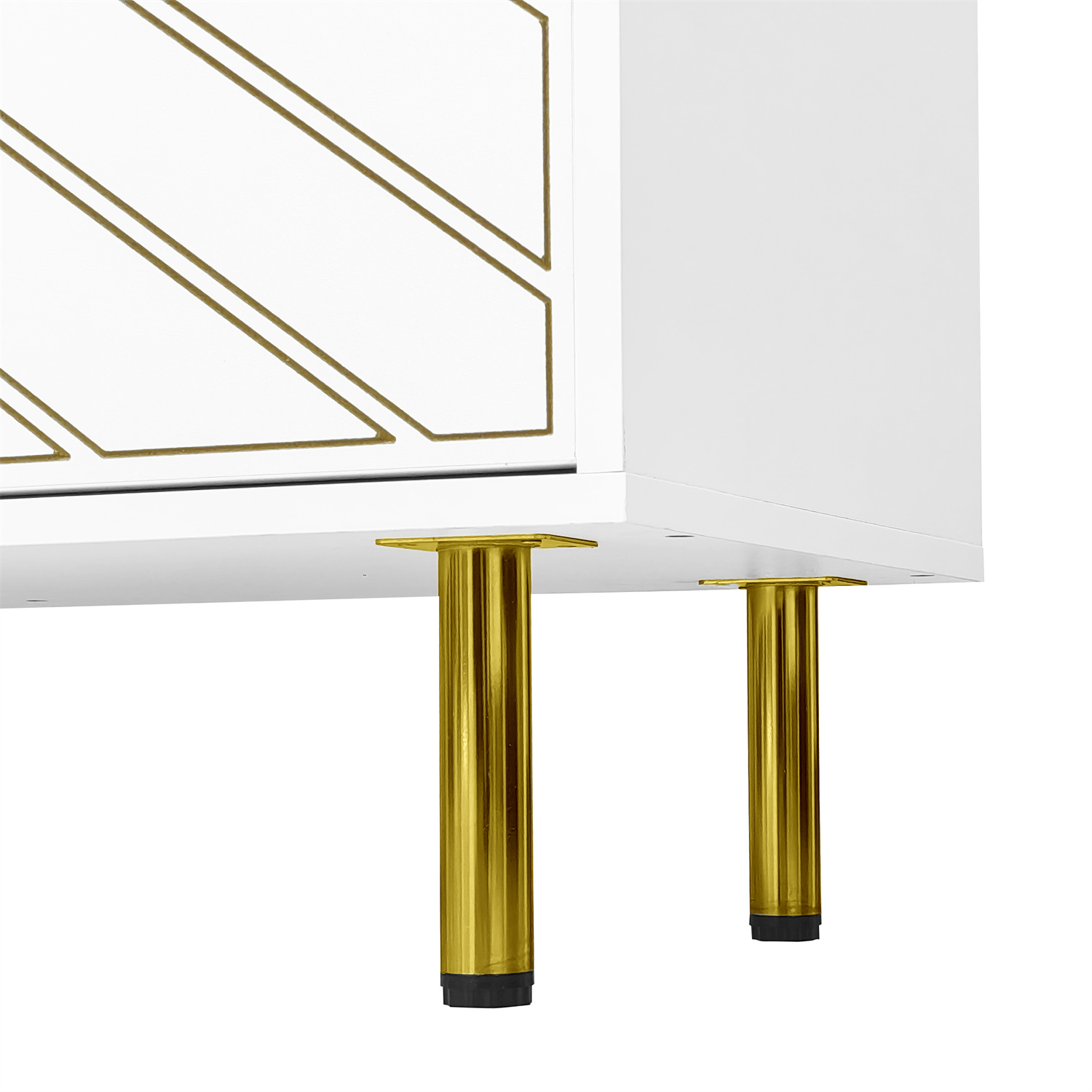 Weiße Schrankecke mit goldenen Beinen und goldenem Design.
