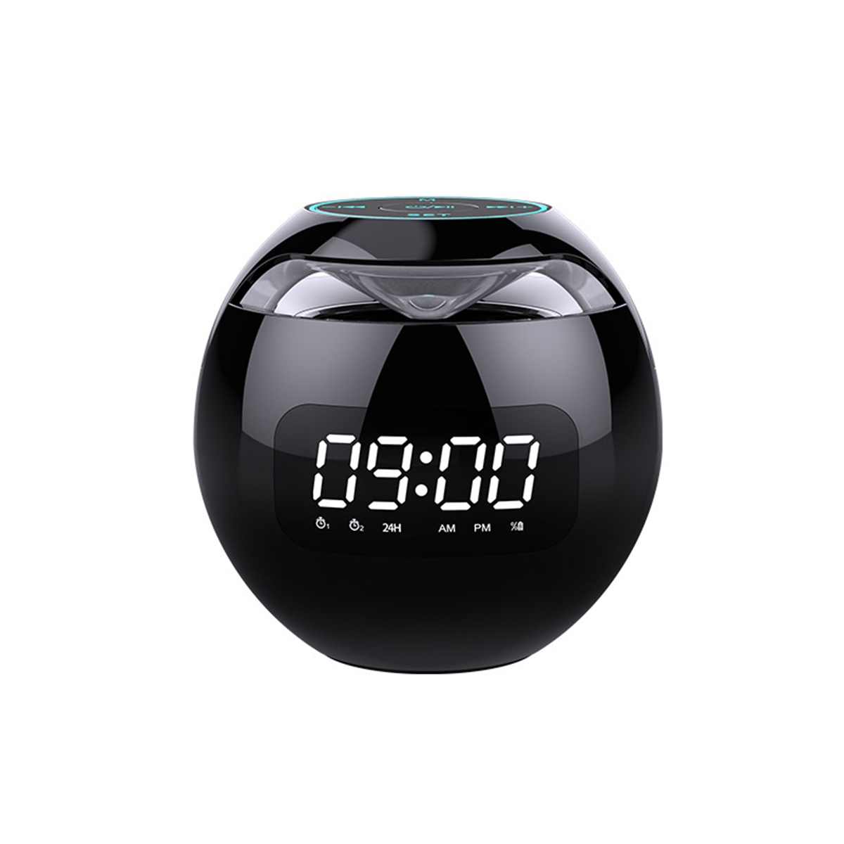 Schwarzer kugelförmiger Wecker mit Digitalanzeige 09:00.