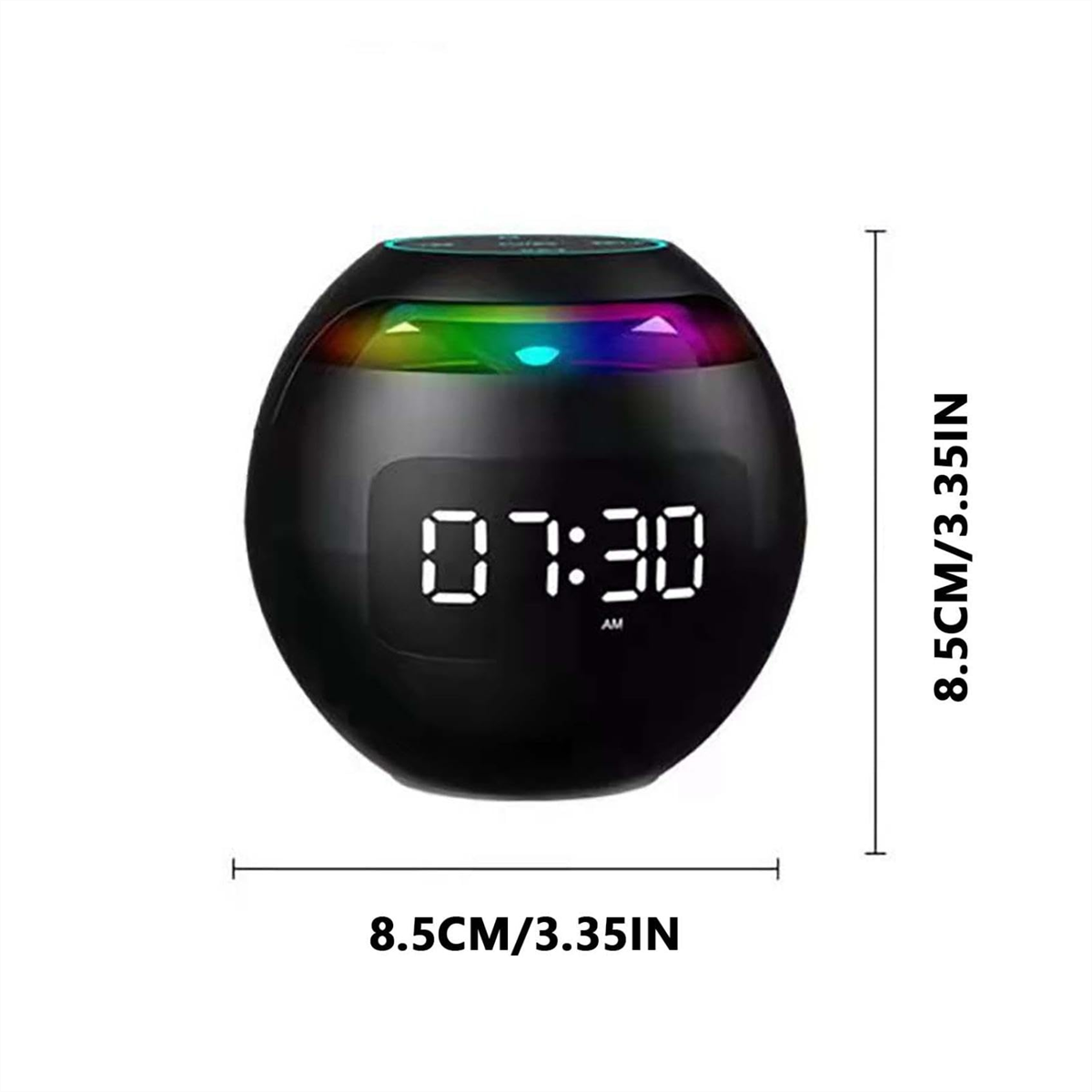 Ein schwarzer digitaler Wecker, er zeigt die Uhrzeit 07:30 Uhr an und hat ein Regenbogenlicht.