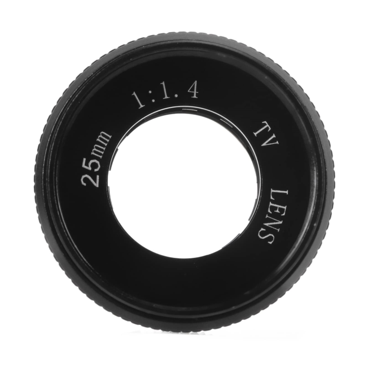 Eine schwarze Linse mit weißem Text, der 25mm 1:1.4 TV LENS lautet. Sie hat eine kreisförmige Form.