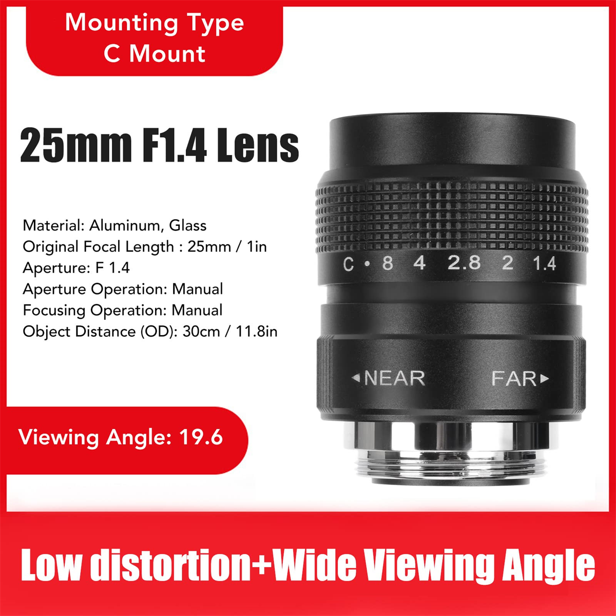 25mm f1.4 Objektiv mit Text, der das Objektiv und seine Eigenschaften beschreibt, schwarz und silber.