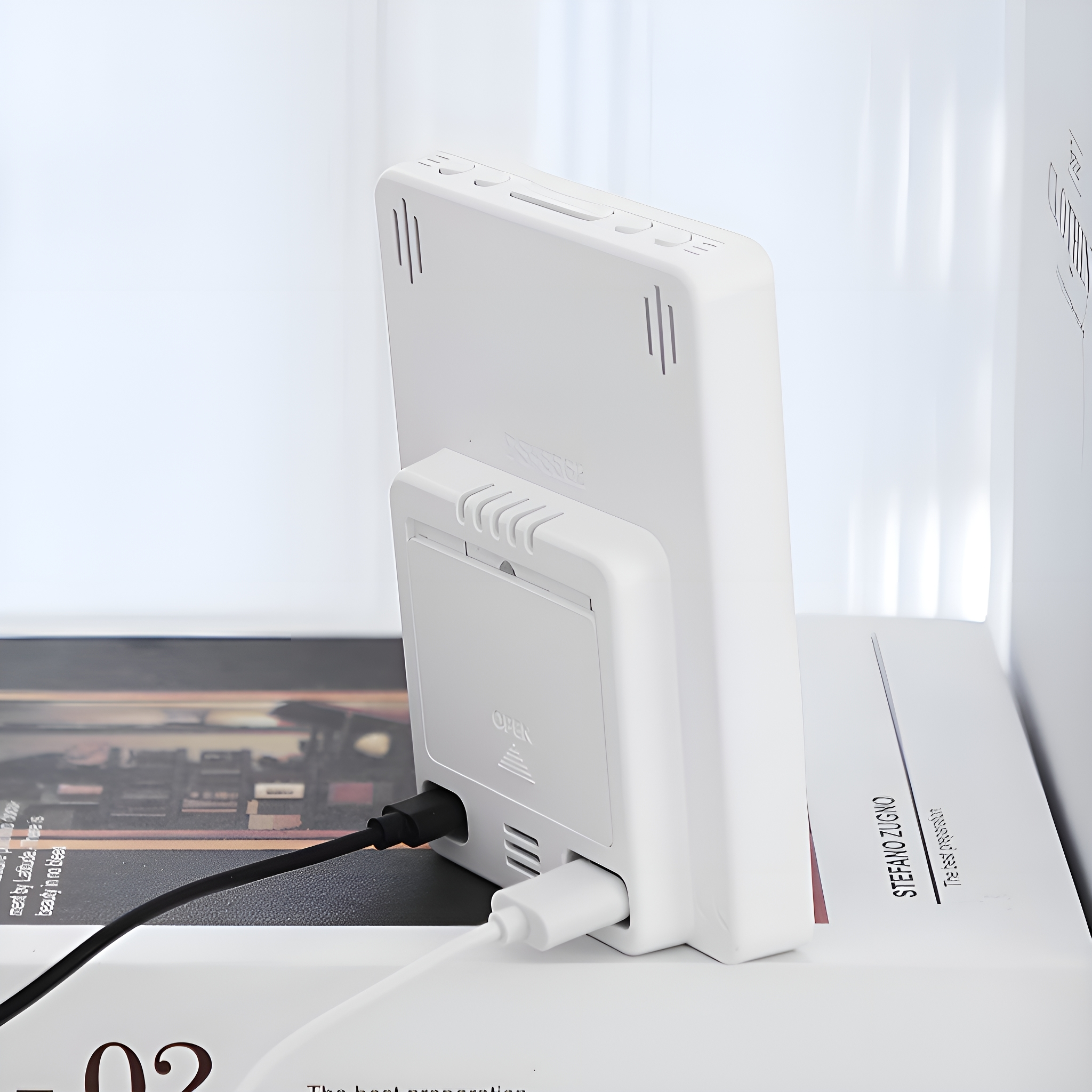 Weißes Digitaluhrgerät, Rückansicht. USB- und Ladeanschluss, auf einem Buch.