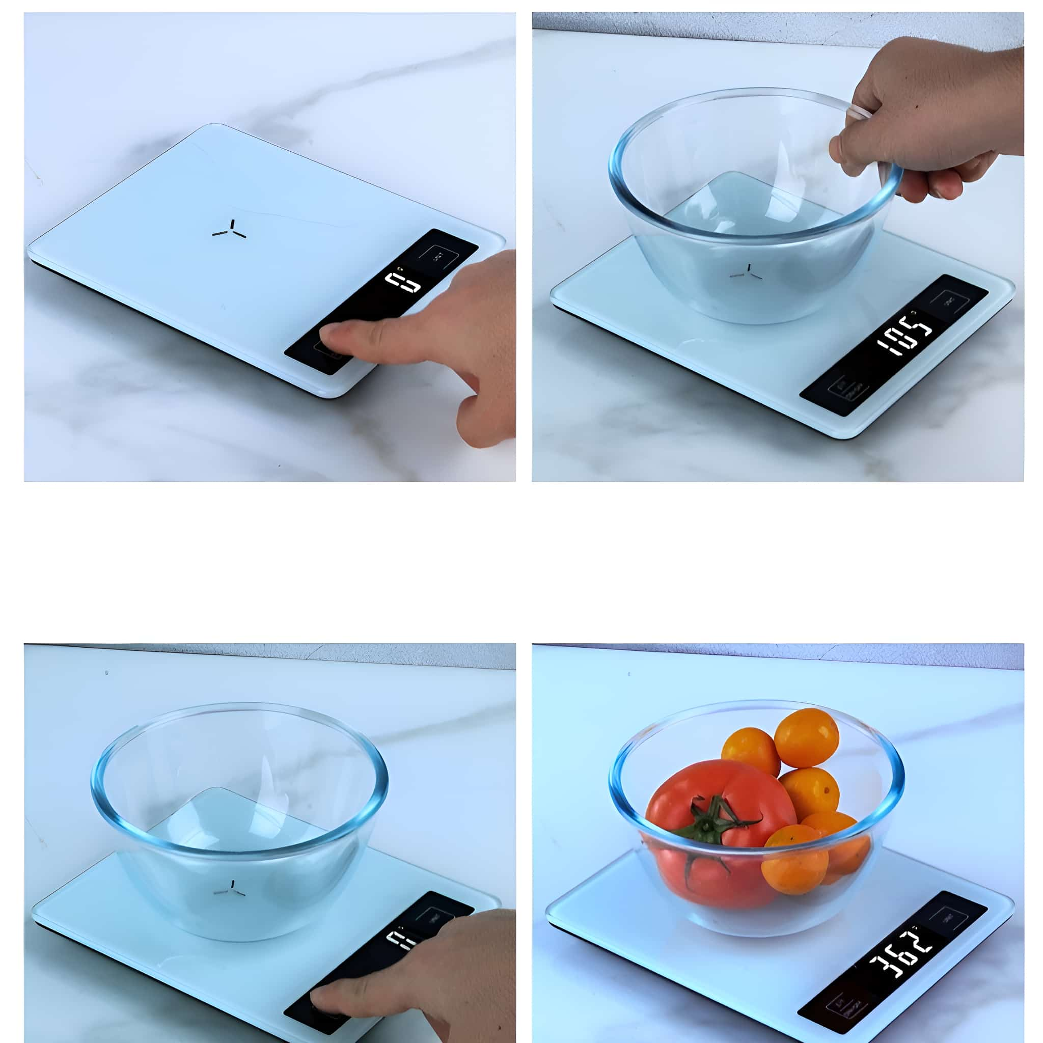 Vier Bilder, die eine Person bei der Benutzung einer Digitalwaage zeigen. Die Waage hat eine Schüssel und Essen darauf.