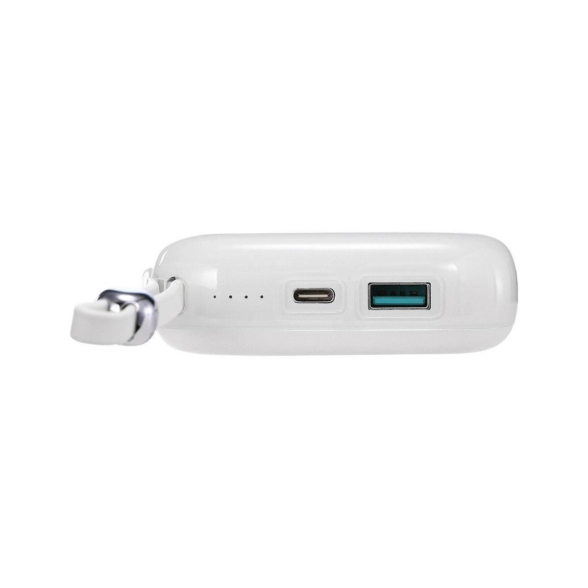 Weiße Powerbank mit Anschlüssen. Auf der linken Seite hängt ein kleiner Riemen.