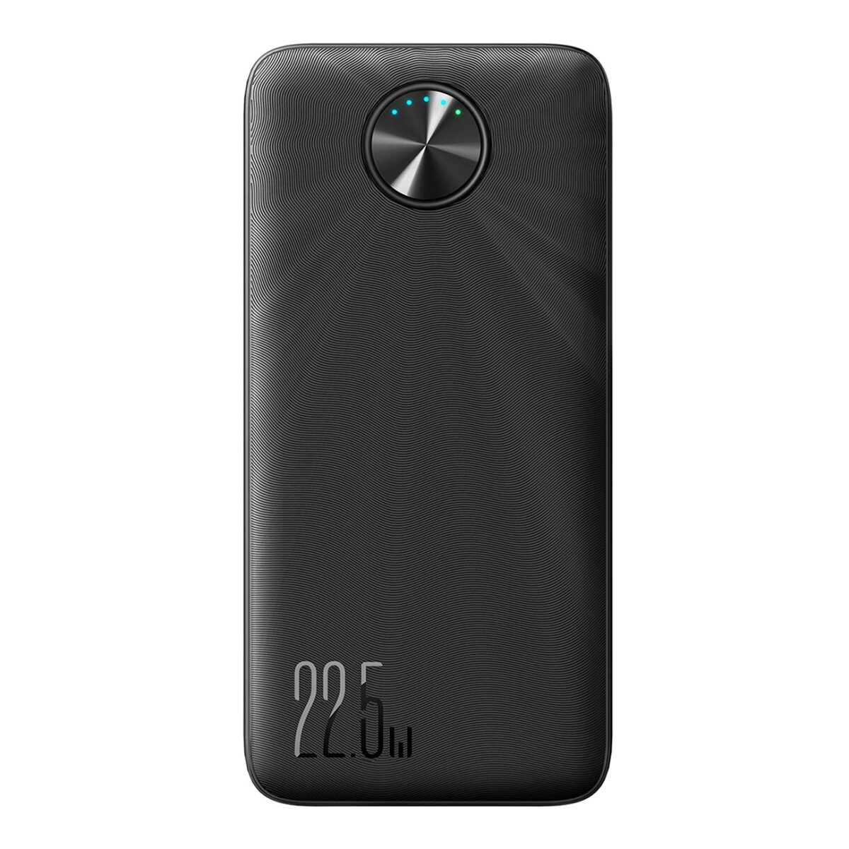 Czarny power bank z teksturowaną powierzchnią i okrągłym przyciskiem ze światłami.